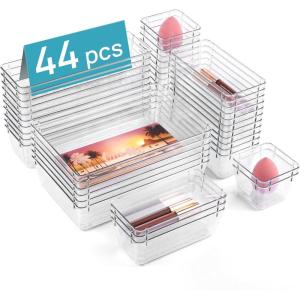 Vtopmart 44 PCS Clear Plastic Drawer Organizers Set, 4-Size Versatile Bathroom and Vanity Organizer Trays, Non-Slip Storage Containers for Makeup, Jewelries, Bedroom，Kitchen Utensils and Office(Clear)