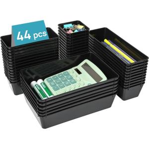 Vtopmart 44 PCS Clear Plastic Drawer Organizers Set, 4-Size Versatile Bathroom and Vanity Organizer Trays, Non-Slip Storage Containers for Makeup, Jewelries, Bedroom，Kitchen Utensils and Office(Black)