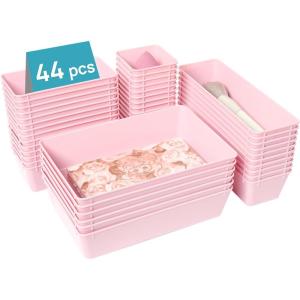 Vtopmart 44 PCS Clear Plastic Drawer Organizers Set, 4-Size Versatile Bathroom and Vanity Organizer Trays, Non-Slip Storage Containers for Makeup, Jewelries, Bedroom，Kitchen Utensils and Office(Pink)