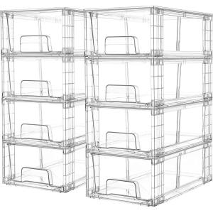 Vtopmart 4Pack Large Stackable Kitchen Pantry Storage Drawers, Clear Organizer Bins with Handles, Acrylic Drawer Organizers for Kitchen Pantry, Bathroom Undersink, Cabinet Organization and Storage(8Pack 4.4″H-with Dividers)