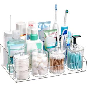 Vtopmart 5 PCS Bathroom Countertop Organizer, 1 Divided Tray with 4 Qtip Holder Jars, Restroom Clear Organizers for Toothbrush, Cotton Pads Balls, Floss, Bathroom Vanity Accessories Storage Set(Clear)