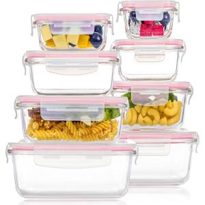 Vtopmart 8 Pack Glass Food Storage Containers with Airtight Lids, Glass Meal Prep Containers, Lunch Office Meal for Microwave, Oven, Freezer and Dishwasher, BPA Free(Pink)