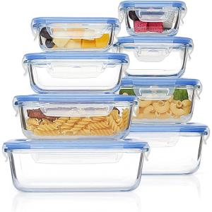 Vtopmart 8 Pack Glass Food Storage Containers with Airtight Lids, Glass Meal Prep Containers, Lunch Office Meal for Microwave, Oven, Freezer and Dishwasher, BPA Free(Blue)