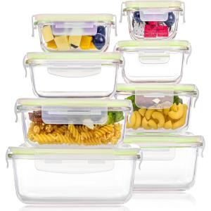 Vtopmart 8 Pack Glass Food Storage Containers with Airtight Lids, Glass Meal Prep Containers, Lunch Office Meal for Microwave, Oven, Freezer and Dishwasher, BPA Free(Grass Green)