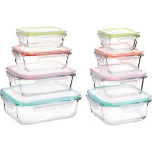 Vtopmart 8 Pack Glass Food Storage Containers with Airtight Lids, Glass Meal Prep Containers, Lunch Office Meal for Microwave, Oven, Freezer and Dishwasher, BPA Free(Multi-colors)