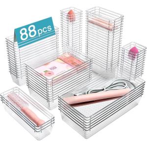 Vtopmart 88PCS Clear Plastic Drawer Organizers Set, 5-Size Versatile Bathroom Drawer Organizer Trays, Storage Bins for Makeup, Vanity, Kitchen Gadgets Utensils and Office