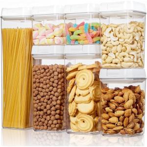 Vtopmart Airtight Food Storage Containers, 7 Pieces BPA Free Plastic Cereal Organizer Canisters with Easy Lock Lids, for Kitchen Pantry Organization, 24 Labels, White(White)