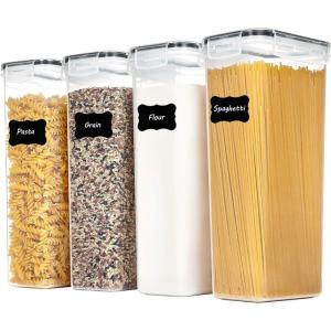 Vtopmart Airtight Food Storage Containers with Lids, 4 PCS 2.8L Pasta Containers for Pantry Organization and Storage, BPA Free Kitchen Canisters for Spaghetti, Flour, Sugar and Noodles, Black