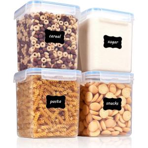 Vtopmart Extra Large Tall Airtight Food Storage Containers, 4 Pieces 5.9qt/6.5L Plastic PBA Free Kitchen Pantry Canister for Spaghetti, Flour and Baking Supplies, with 24 Labels, Black(Blue)