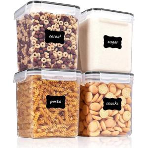 Vtopmart Extra Large Tall Airtight Food Storage Containers, 4 Pieces 5.9qt/6.5L Plastic PBA Free Kitchen Pantry Canister for Spaghetti, Flour and Baking Supplies, with 24 Labels, Black(Black)