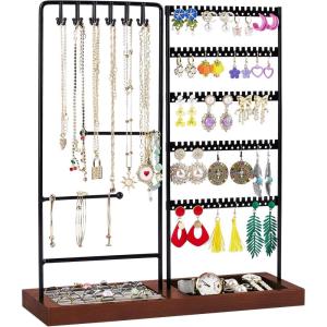 Vtopmart Jewelry Holder Organizer Stand Tree for Earring Necklace Ring Bracelets Display and Storage, with 90 Holes, 12 Hooks, Black+ Walnut