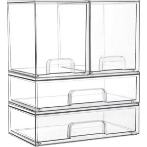 Vtopmart Stackable Storage Drawers Set of 6, Clear Plastic Organizer Bins for Bathroom Supplies,Ideal for Cabinet,Pantry,Laundry Room Organization(2 High+2 Wide)