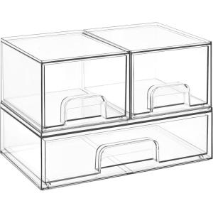 Vtopmart Stackable Storage Drawers Set of 6, Clear Plastic Organizer Bins for Bathroom Supplies,Ideal for Cabinet,Pantry,Laundry Room Organization(2 Small+1 Wide)
