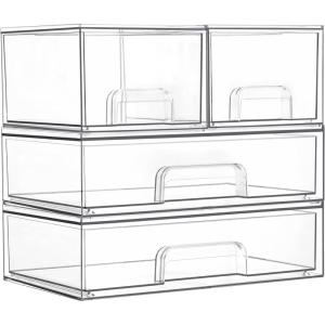 Vtopmart Stackable Storage Drawers Set of 6, Clear Plastic Organizer Bins for Bathroom Supplies,Ideal for Cabinet,Pantry,Laundry Room Organization(2 Small+2 Wide)