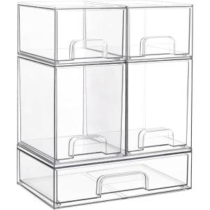 Vtopmart Stackable Storage Drawers Set of 6, Clear Plastic Organizer Bins for Bathroom Supplies,Ideal for Cabinet,Pantry,Laundry Room Organization(2 Small+2 High+1 Wide)