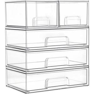 Vtopmart Stackable Storage Drawers Set of 6, Clear Plastic Organizer Bins for Bathroom Supplies,Ideal for Cabinet,Pantry,Laundry Room Organization(2 Small+3 Wide)