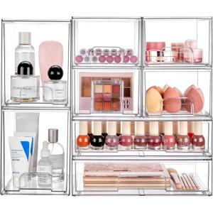 Vtopmart Stackable Storage Drawers Set of 6, Clear Plastic Organizer Bins for Bathroom Supplies,Ideal for Cabinet,Pantry,Laundry Room Organization(4 Small+2 High+2 Wide)