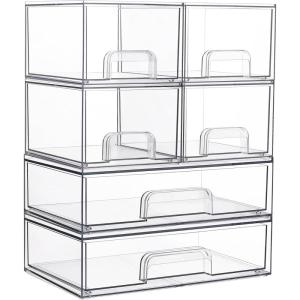 Vtopmart Stackable Storage Drawers Set of 6, Clear Plastic Organizer Bins for Bathroom Supplies,Ideal for Cabinet,Pantry,Laundry Room Organization(4 Small+2 Wide)