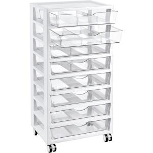Vtopmart 8 Tier Rolling Cart with Drawers, Clear Plastic Drawers with Removable Dividers for Art &Office Supplies, Beauty Products, Toy, Under Desk Storage for Craft Room, Classroom