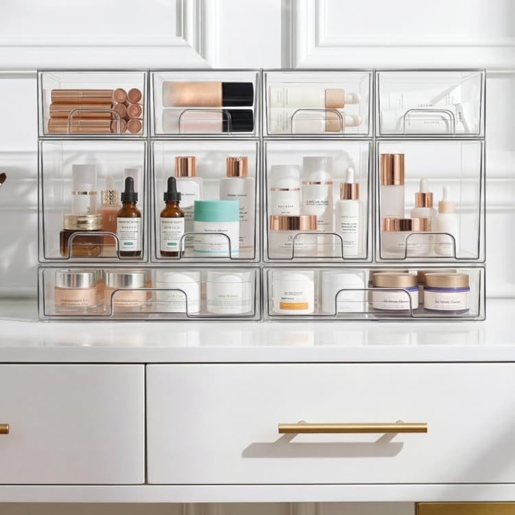 Vtopmart 25-Piece Plastic Drawer Organizer Set, 4 Sizes, Multifunctional Bathroom and Vanity Drawer Storage Trays, perfect for organizing cosmetics, bedroom essentials, kitchen gadgets, cutlery, and office supplies – a super space-saving storage solution.