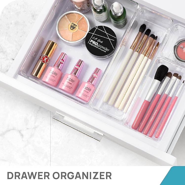 Vtopmart 25-Piece Plastic Drawer Organizer Set, 4 Sizes, Multifunctional Bathroom and Vanity Drawer Storage Trays, perfect for organizing cosmetics, bedroom essentials, kitchen gadgets, cutlery, and office supplies – a super space-saving storage solution.