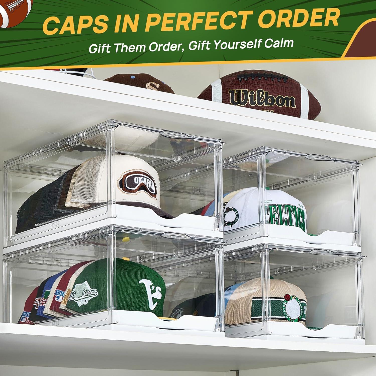 imageVtopmart 6 Pack Hat Organizer for Baseball Caps Clear Hats Holder Box with Drawer Large Cap Storage with Sliding Tray Stackable Rack Display Case with Magnetic Door Each Holds 12 Hats6