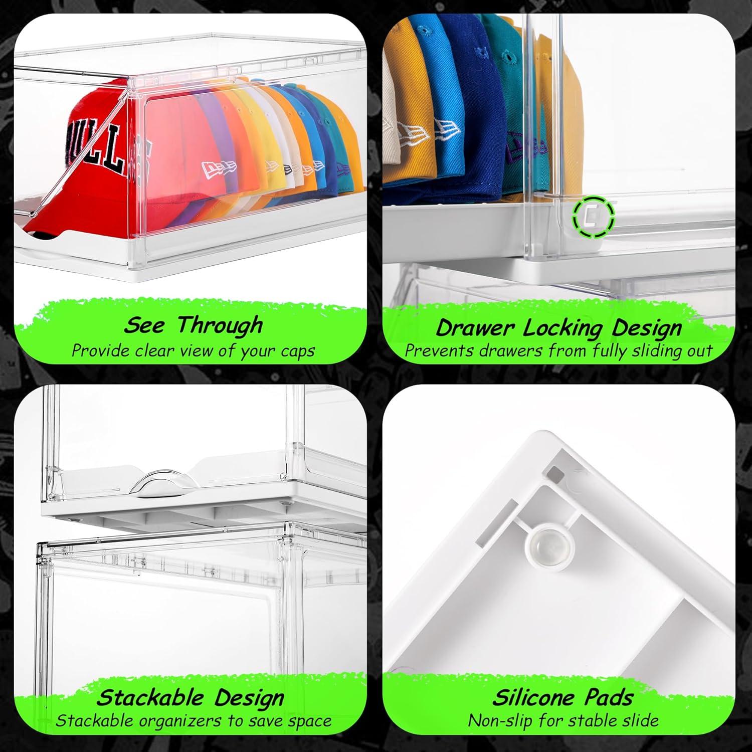 imageVtopmart 6 Pack Hat Organizer for Baseball Caps Clear Hats Holder Box with Drawer Large Cap Storage with Sliding Tray Stackable Rack Display Case with Magnetic Door Each Holds 12 Hats4