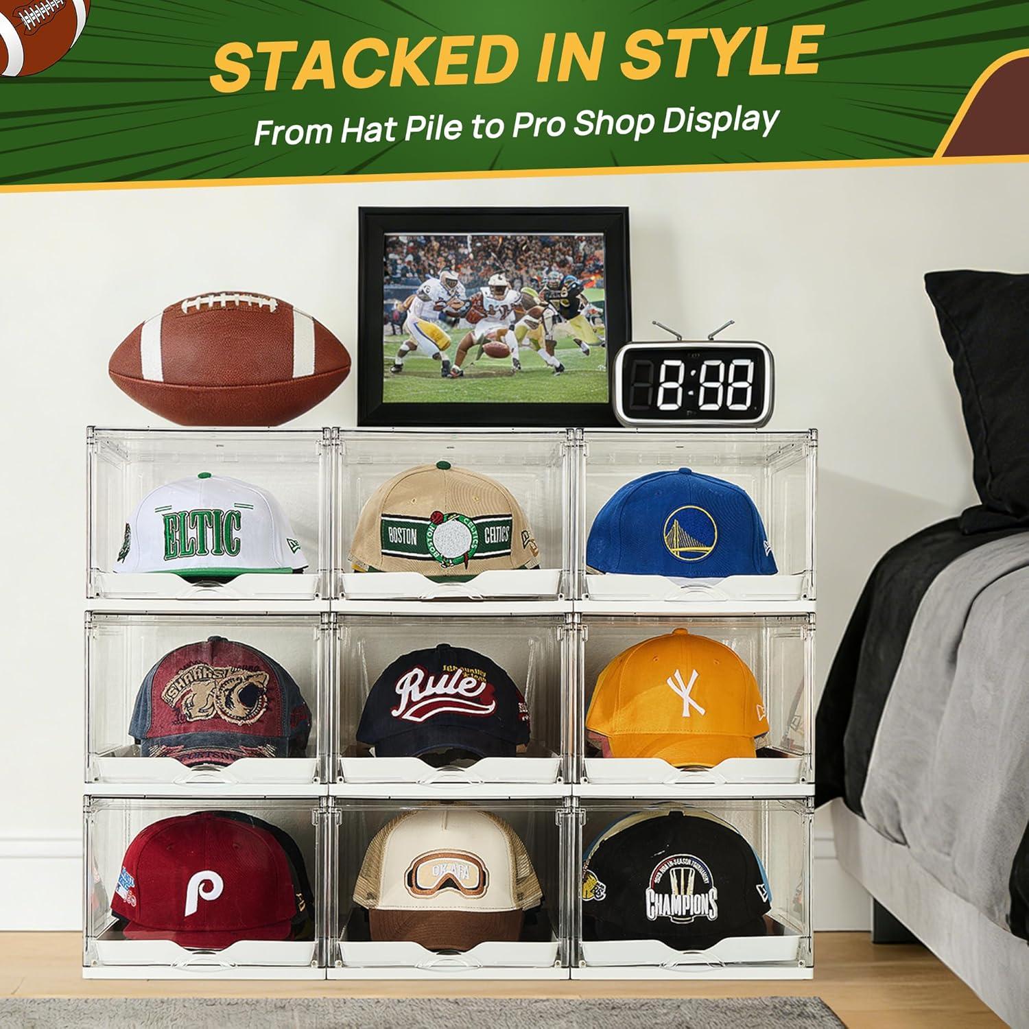 imageVtopmart 6 Pack Hat Organizer for Baseball Caps Clear Hats Holder Box with Drawer Large Cap Storage with Sliding Tray Stackable Rack Display Case with Magnetic Door Each Holds 12 Hats6