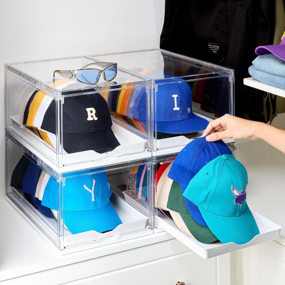 imageVtopmart 6 Pack Hat Organizer for Baseball Caps Clear Hats Holder Box with Drawer Large Cap Storage with Sliding Tray Stackable Rack Display Case with Magnetic Door Each Holds 12 Hats4