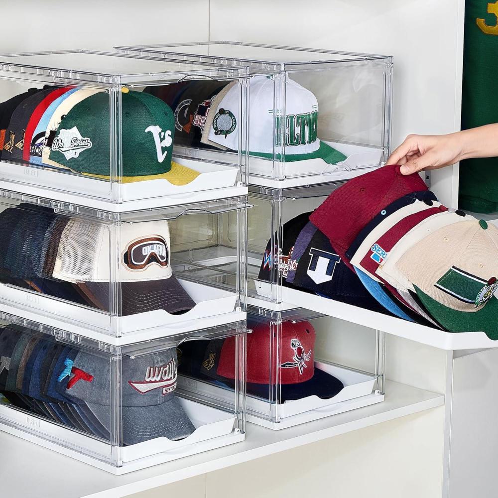 imageVtopmart 6 Pack Hat Organizer for Baseball Caps Clear Hats Holder Box with Drawer Large Cap Storage with Sliding Tray Stackable Rack Display Case with Magnetic Door Each Holds 12 Hats6