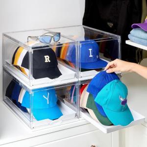 Vtopmart 6 Pack Hat Organizer for Baseball Caps, Clear Hats Holder Box with Drawer, Large Cap Storage with Sliding Tray, Stackable Rack Display Case with Magnetic Door, Each Holds 12 Hats(4)