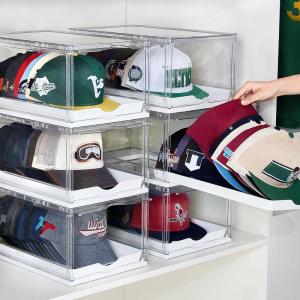 Vtopmart 6 Pack Hat Organizer for Baseball Caps, Clear Hats Holder Box with Drawer, Large Cap Storage with Sliding Tray, Stackable Rack Display Case with Magnetic Door, Each Holds 12 Hats(6)