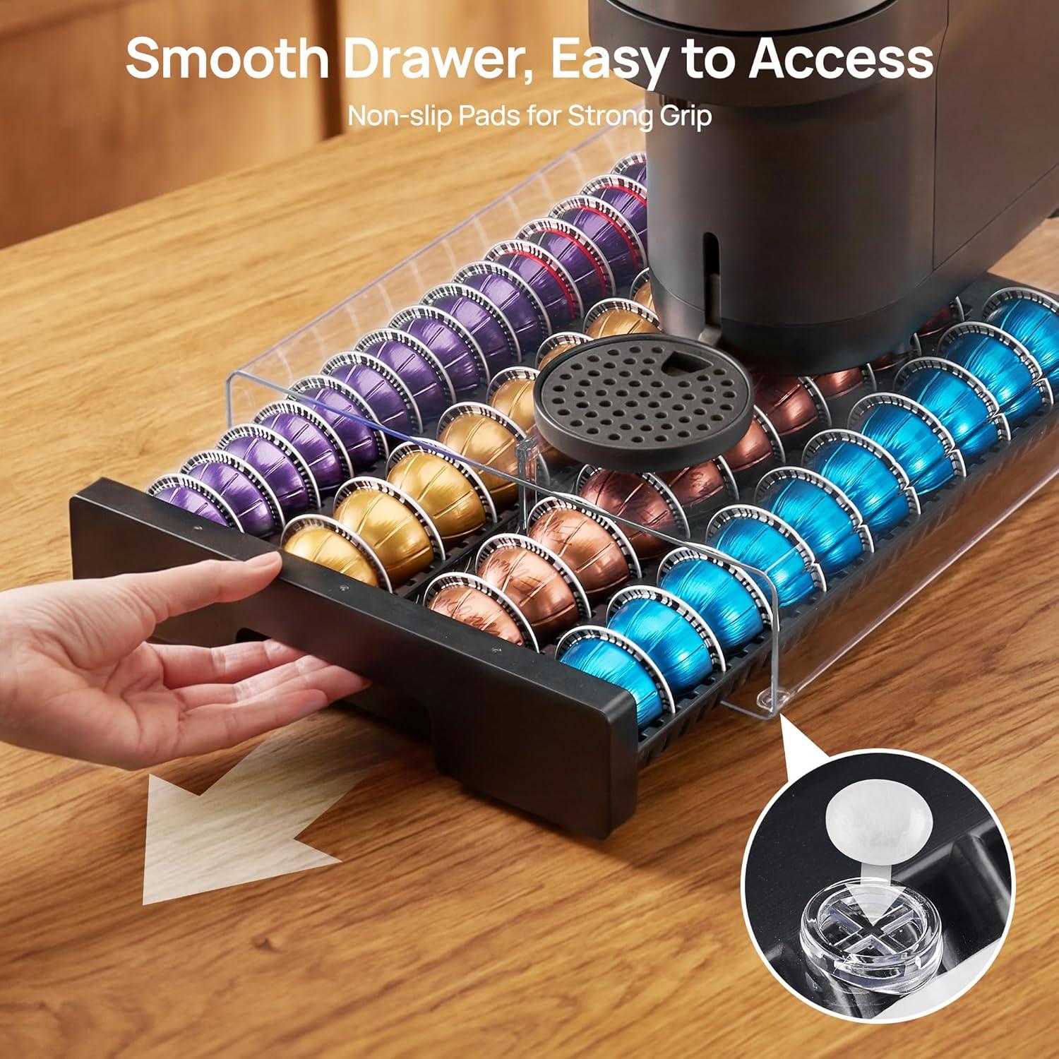 imageVtopmart Coffee Pod Drawer Organizer for Nespresso Vertuo Pods Holds 40 Large or 60 Small Capsules Acrylic Coffee Pod Holder with Smooth PullOut AntiSlip Clear Storage