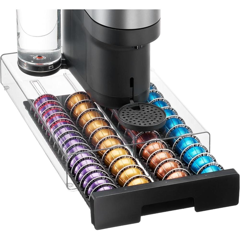 imageVtopmart Coffee Pod Drawer Organizer for Nespresso Vertuo Pods Holds 40 Large or 60 Small Capsules Acrylic Coffee Pod Holder with Smooth PullOut AntiSlip Clear Storage
