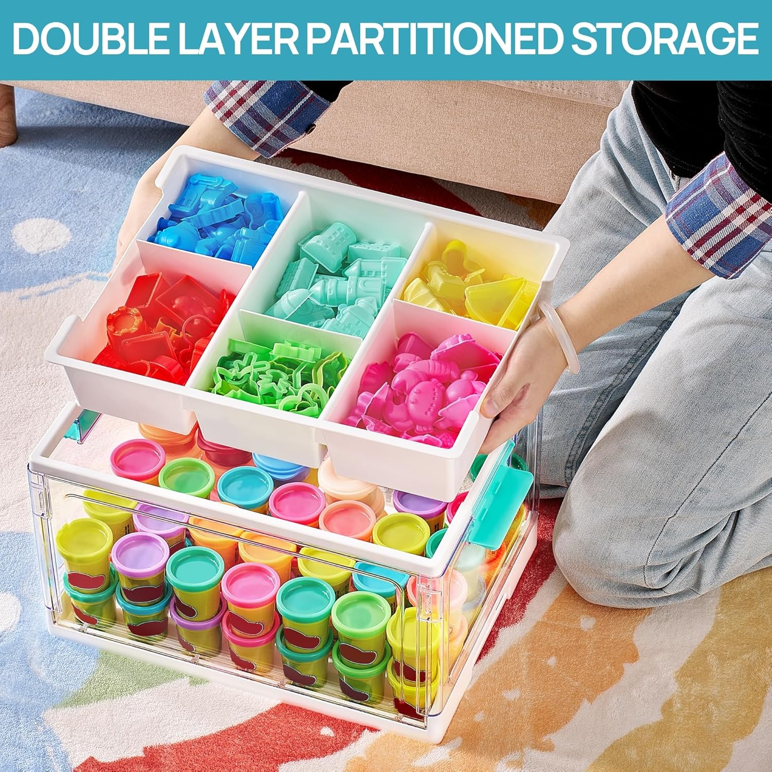 image:imageVtopmart 24 QT Clear Plastic Craft Organizer with Removable Trays and Dividers Storage Box for Coloring Books Modeling Clay Molds and Art Supplies 1 Pack