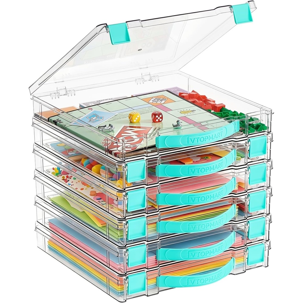 image:imageVtopmart 3 Pack Board Game Storage with Handle and SnapTight Latch Lid Craft Organizer Fit 12 x 12 Papers Stackable Clear Storage Box for Scrapbook Storage Art Supply Storage Puzzle Storage6 Pack