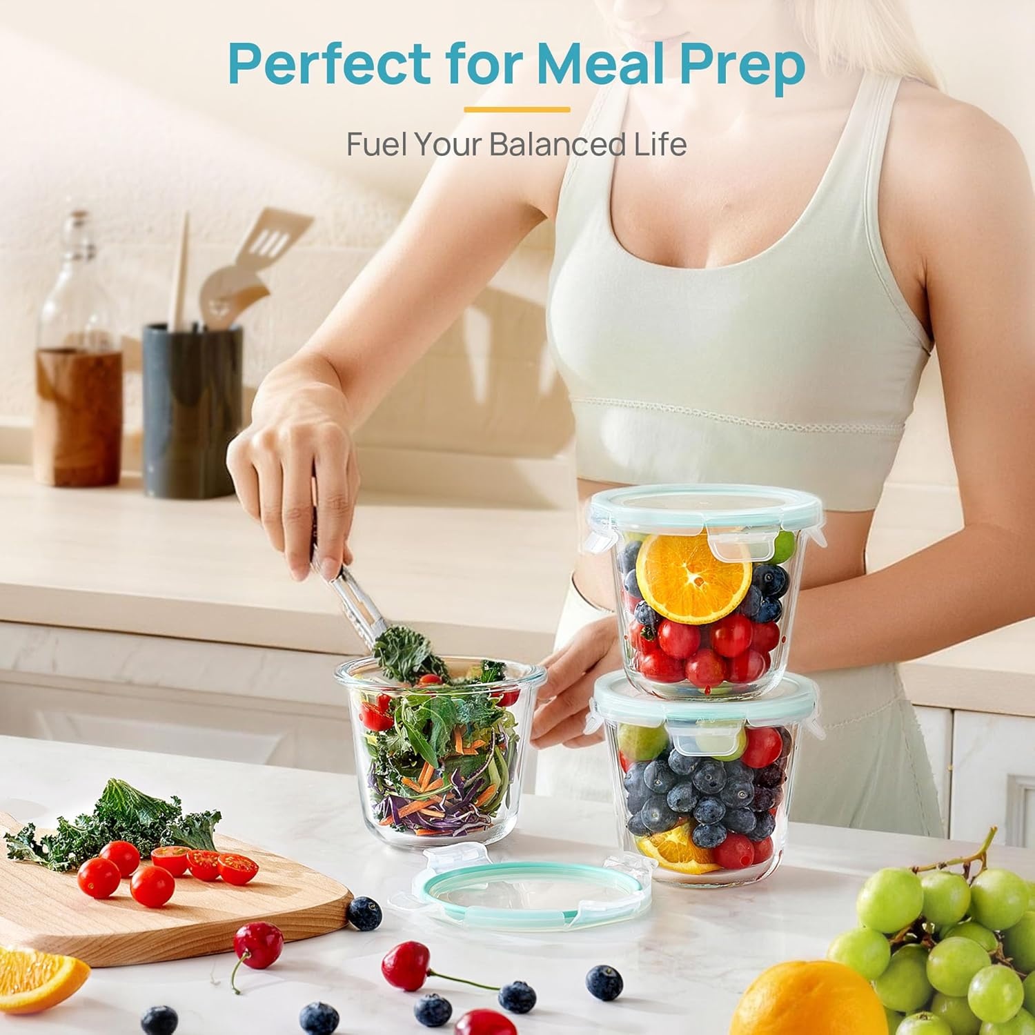 image:imageVtopmart 5Pack 30oz Glass Meal Prep Container Sets with Lids Grey Glass Food Storage Containers Snap Airtight Lid For Microwave Oven Freezer and Dishwasher Safe BPA FreeGreen