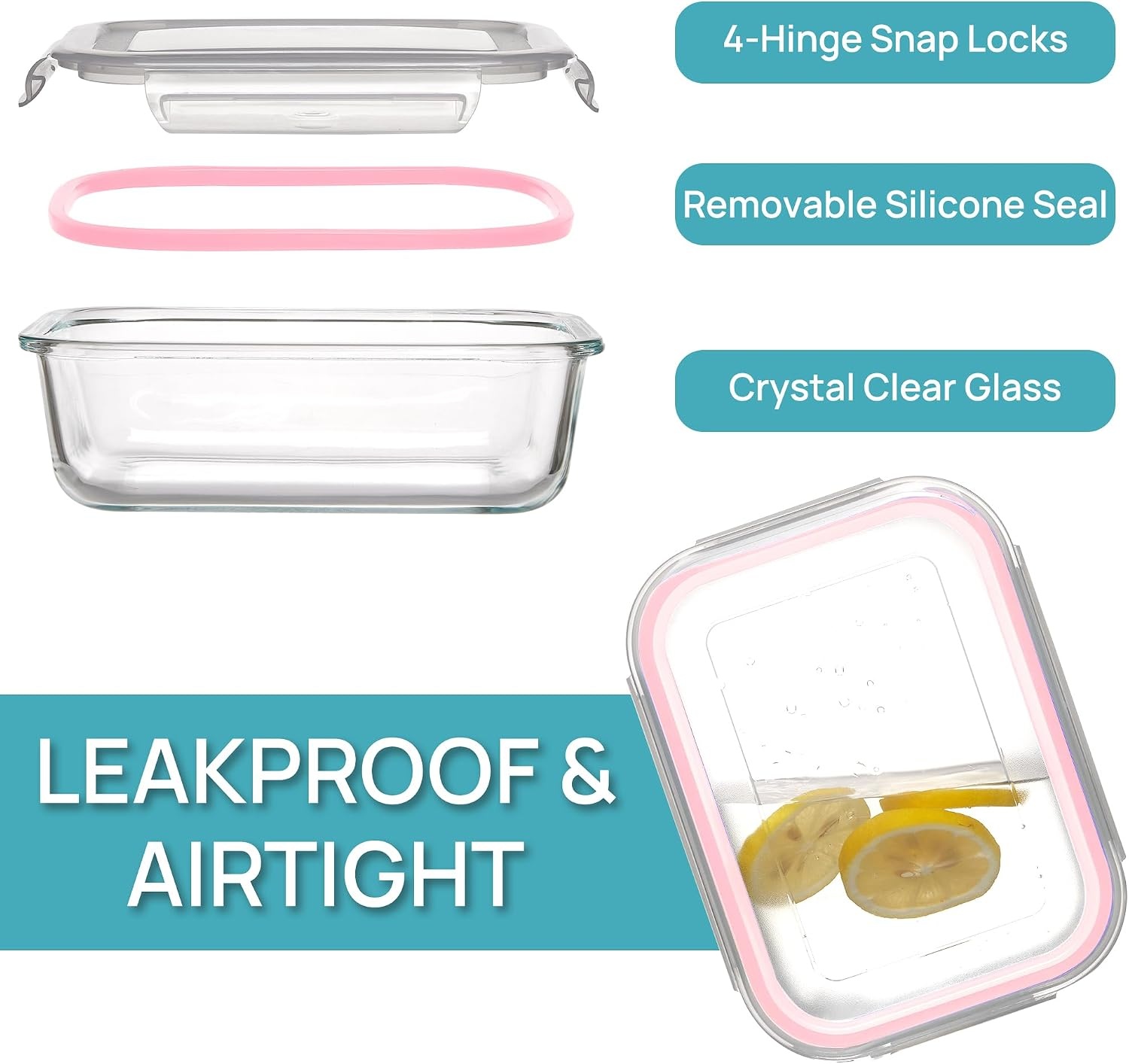 image:imageVtopmart 5Pack 30oz Glass Meal Prep Container Sets with Lids Grey Glass Food Storage Containers Snap Airtight Lid For Microwave Oven Freezer and Dishwasher Safe BPA FreePink