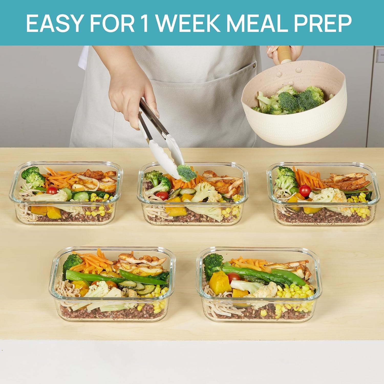 image:imageVtopmart 5Pack 30oz Glass Meal Prep Container Sets with Lids Grey Glass Food Storage Containers Snap Airtight Lid For Microwave Oven Freezer and Dishwasher Safe BPA FreePink