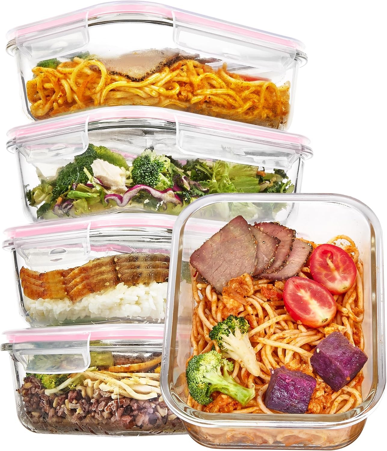 image:imageVtopmart 5Pack 30oz Glass Meal Prep Container Sets with Lids Grey Glass Food Storage Containers Snap Airtight Lid For Microwave Oven Freezer and Dishwasher Safe BPA FreePink