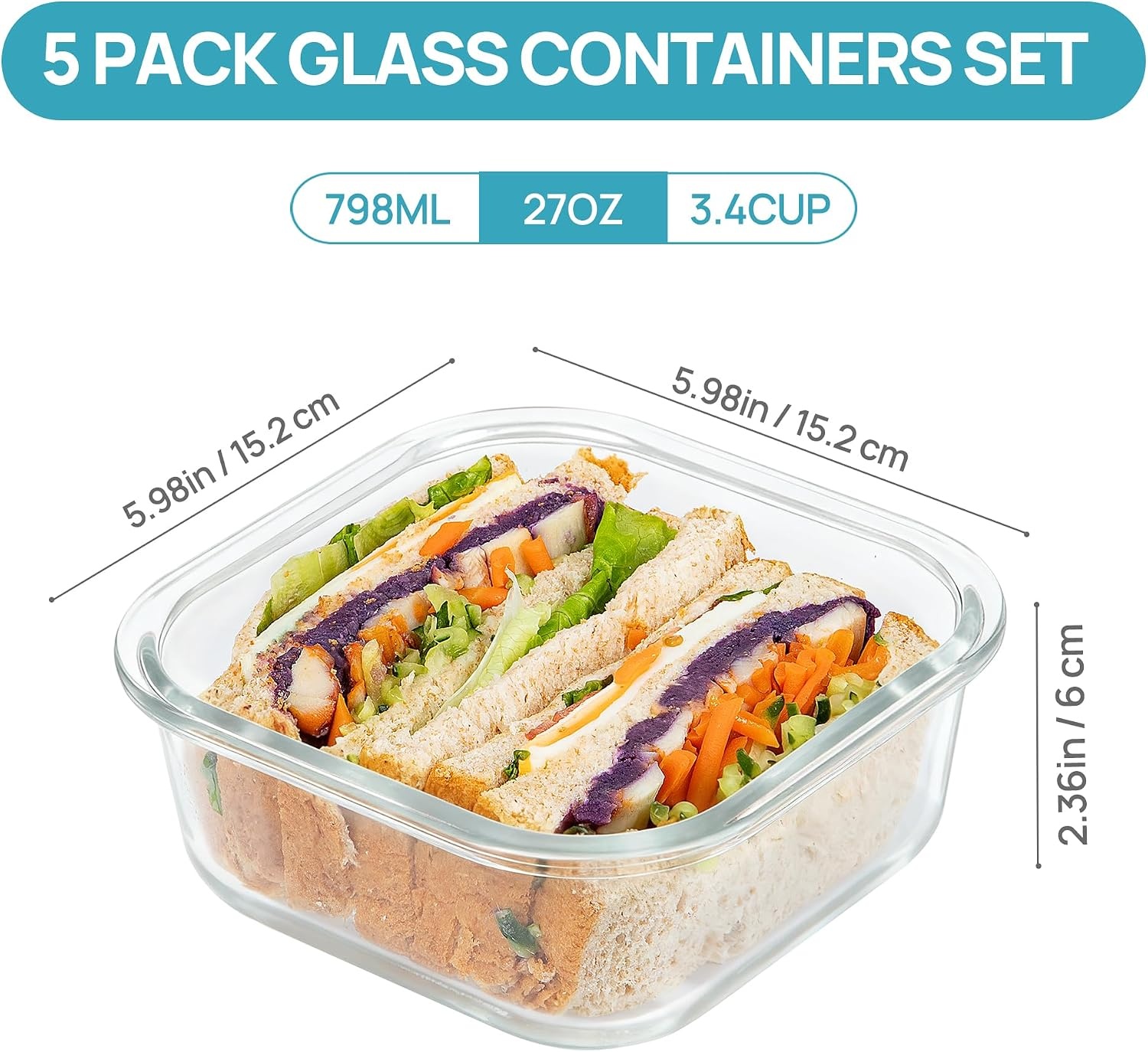 image:imageVtopmart 5Pack 30oz Glass Meal Prep Container Sets with Lids Grey Glass Food Storage Containers Snap Airtight Lid For Microwave Oven Freezer and Dishwasher Safe BPA FreeGrey