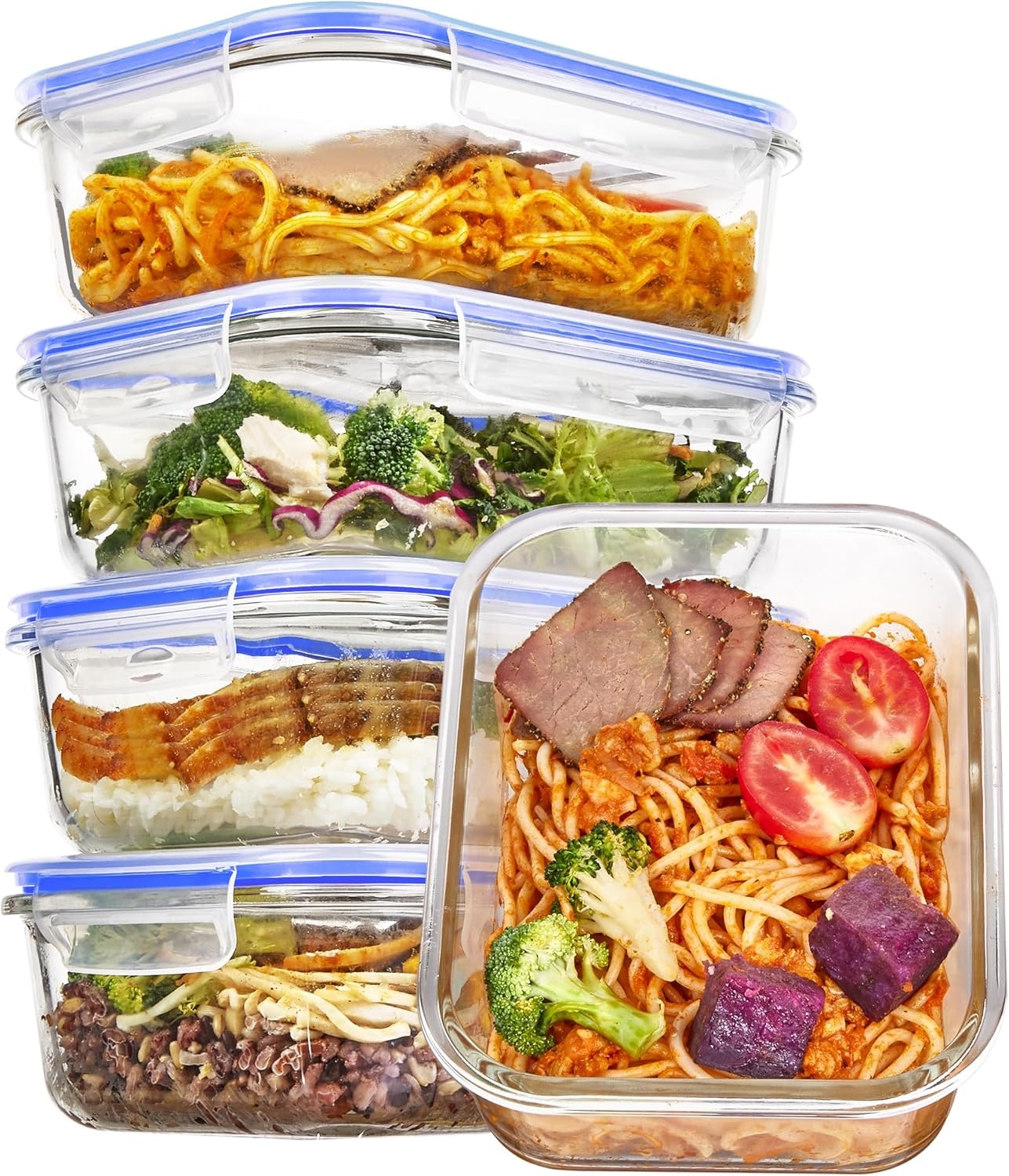 image:imageVtopmart 5Pack 30oz Glass Meal Prep Container Sets with Lids Grey Glass Food Storage Containers Snap Airtight Lid For Microwave Oven Freezer and Dishwasher Safe BPA FreeBlue