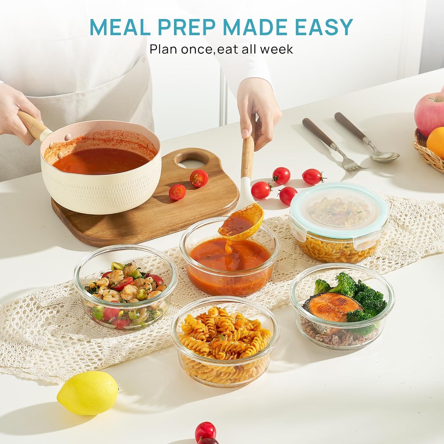 image:imageVtopmart 5Pack 30oz Glass Meal Prep Container Sets with Lids Grey Glass Food Storage Containers Snap Airtight Lid For Microwave Oven Freezer and Dishwasher Safe BPA FreeGreen