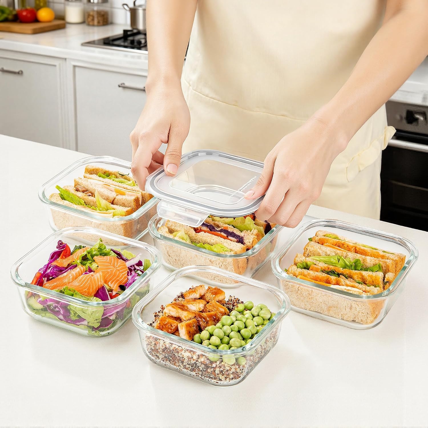 image:imageVtopmart 5Pack 30oz Glass Meal Prep Container Sets with Lids Grey Glass Food Storage Containers Snap Airtight Lid For Microwave Oven Freezer and Dishwasher Safe BPA FreeGrey