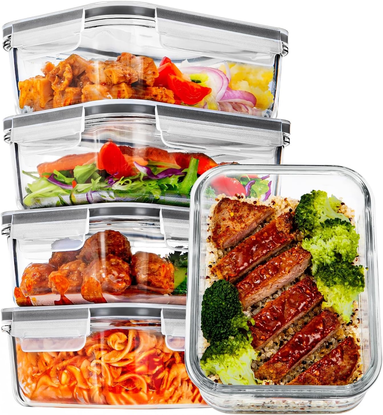 image:imageVtopmart 5Pack 30oz Glass Meal Prep Container Sets with Lids Grey Glass Food Storage Containers Snap Airtight Lid For Microwave Oven Freezer and Dishwasher Safe BPA FreeGrey