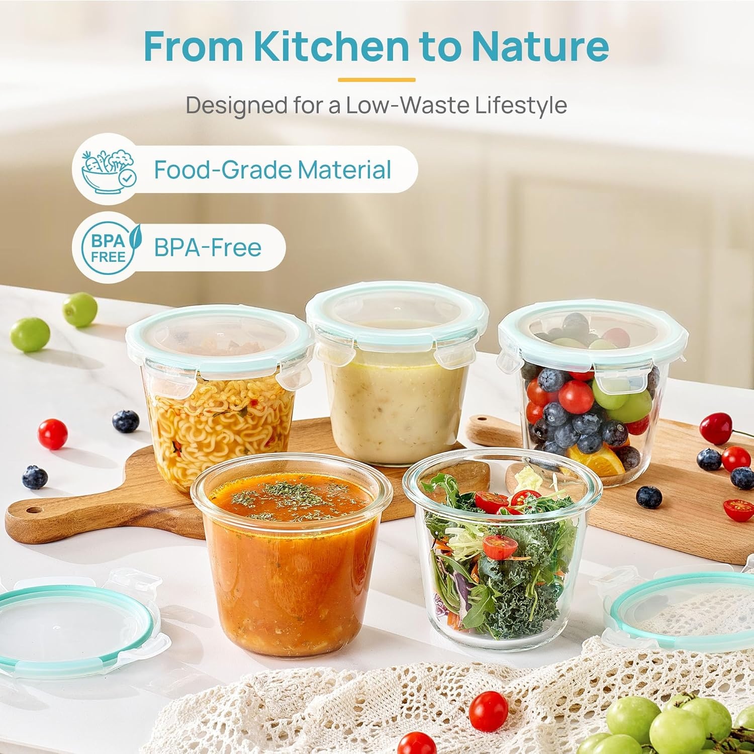 image:imageVtopmart 5Pack 30oz Glass Meal Prep Container Sets with Lids Grey Glass Food Storage Containers Snap Airtight Lid For Microwave Oven Freezer and Dishwasher Safe BPA FreeGreen