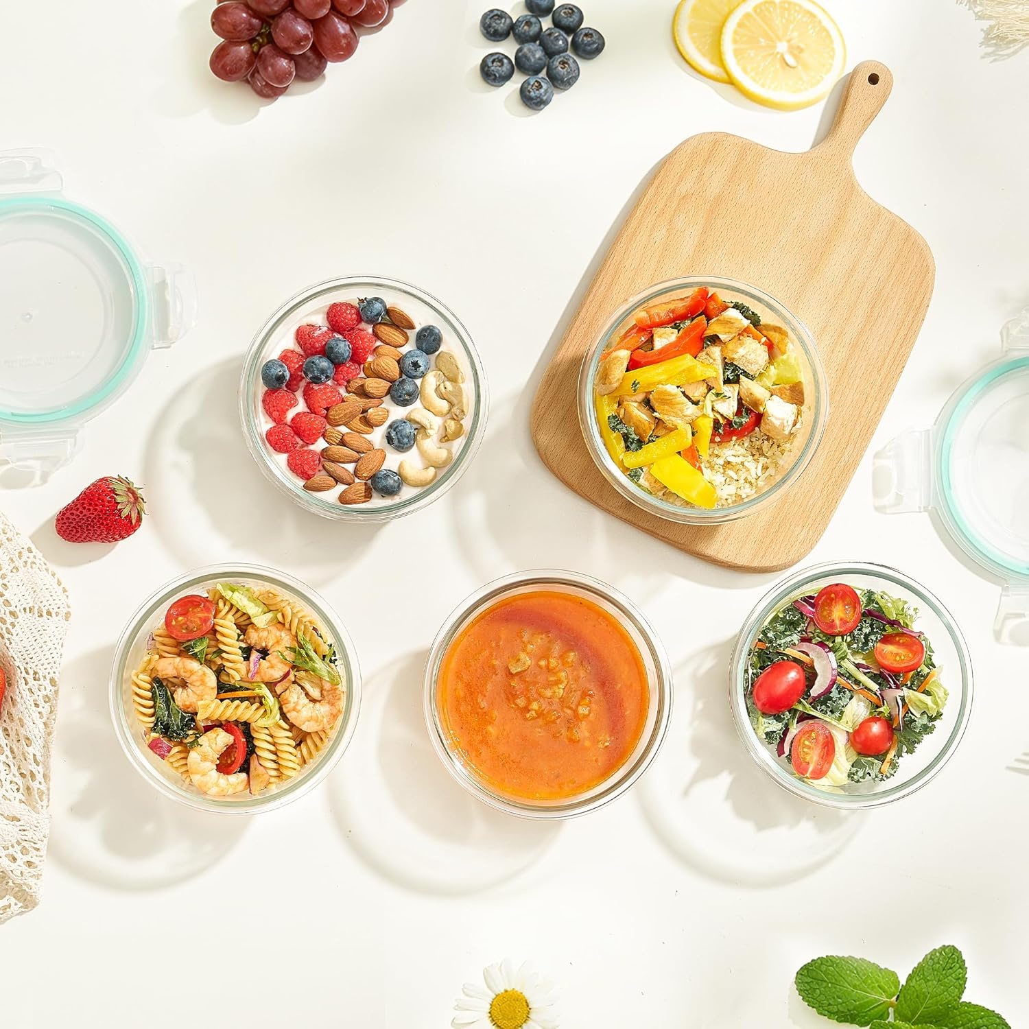 image:imageVtopmart 5Pack 30oz Glass Meal Prep Container Sets with Lids Grey Glass Food Storage Containers Snap Airtight Lid For Microwave Oven Freezer and Dishwasher Safe BPA FreeGreen