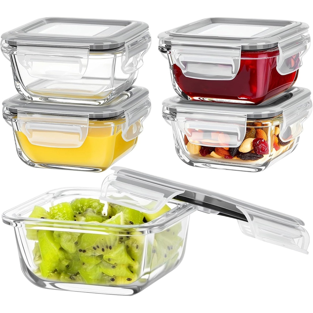 image:imageVtopmart 5Pack 30oz Glass Meal Prep Container Sets with Lids Grey Glass Food Storage Containers Snap Airtight Lid For Microwave Oven Freezer and Dishwasher Safe BPA FreeGrey
