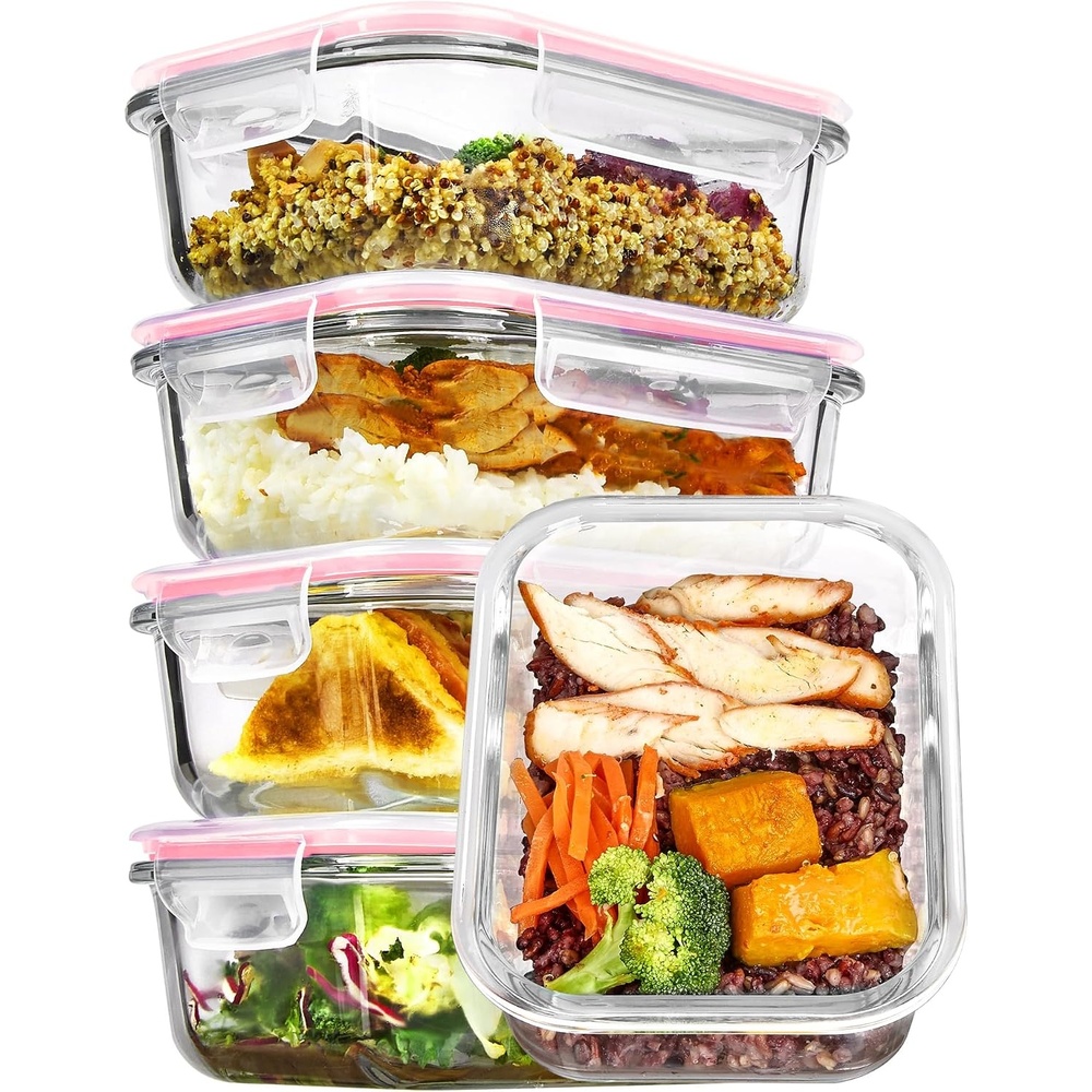 image:imageVtopmart 5Pack 30oz Glass Meal Prep Container Sets with Lids Grey  Glass Food Storage Containers Snap Airtight Lid For Microwave Oven Freezer and Dishwasher Safe BPA FreePink