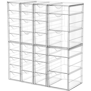 Vtopmart 4 Set Acrylic Desk Organizer with 16 Drawers for Office, Makeup | Clear Storage Drawers for Office Supplies, Desktop Organization for Makeup, Jewelry, Art Crafts, Bead, Pen, Stationary(E)